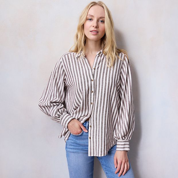 Women s LC Lauren Conrad Oversized Volume Sleeve Linen Blend Button Down Shirt