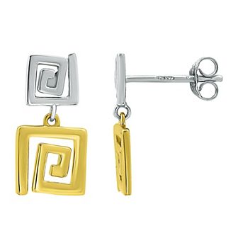 Aleure Precioso Sterling Silver Greek Key Design Double Drop Earrings