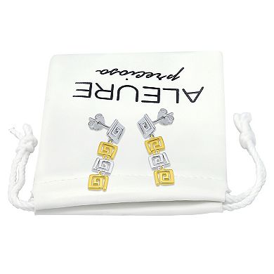 Aleure Precioso Sterling Silver and 18k Gold Plated Greek Key 4 Link Posted Drop Earrings