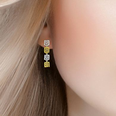 Aleure Precioso Sterling Silver and 18k Gold Plated Greek Key 4 Link Posted Drop Earrings