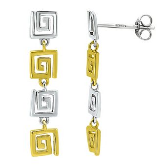 Aleure Precioso Sterling Silver and 18k Gold Plated Greek Key 4 Link Posted Drop Earrings