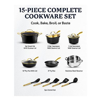 Granitestone Diamond Charleston Collection 15-Piece Hammered Nonstick Cookware Set with Utensils