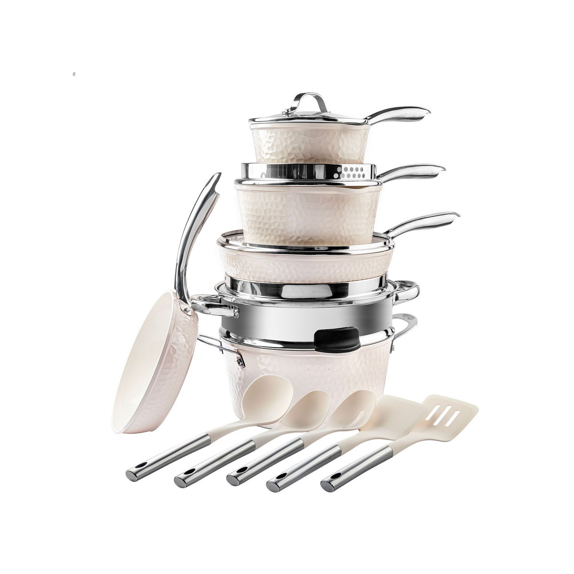 Gotham Steel Hammered 15 pc Cream Ultra-Ceramic Nonstick Cookware Set with 
