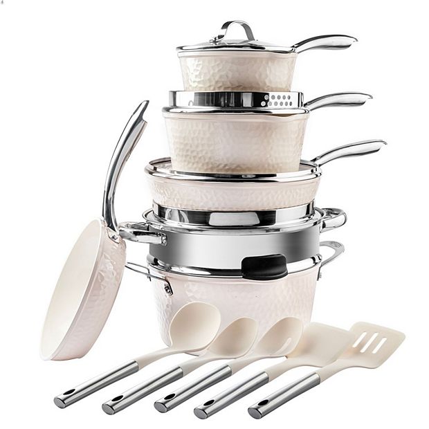 Gotham Steel Cream 15 Piece Ultra Nonstick Ceramic Cookware Set with Utensils