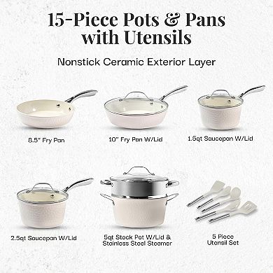 Gotham Steel Hammered 15 pc Cream Ultra-Ceramic Nonstick Cookware Set with Utensils