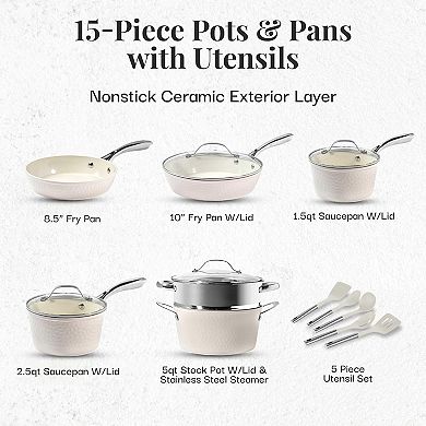 Gotham Steel Hammered 15 pc Cream Ultra-Ceramic Nonstick Cookware Set with Utensils