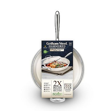 Gotham Steel Hammered 14 inch Cream Ceramic Nonstick XL Frying Pan with Lid