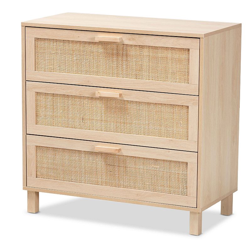 Baxton Studio Sebille Wood with Natural Rattan 3 Drawer Storage Chest Light Brown : Bohemian Style, Particle Board Frame