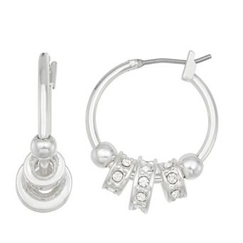 Nine West Silver Tone Crystal Charms Hoop Earrings