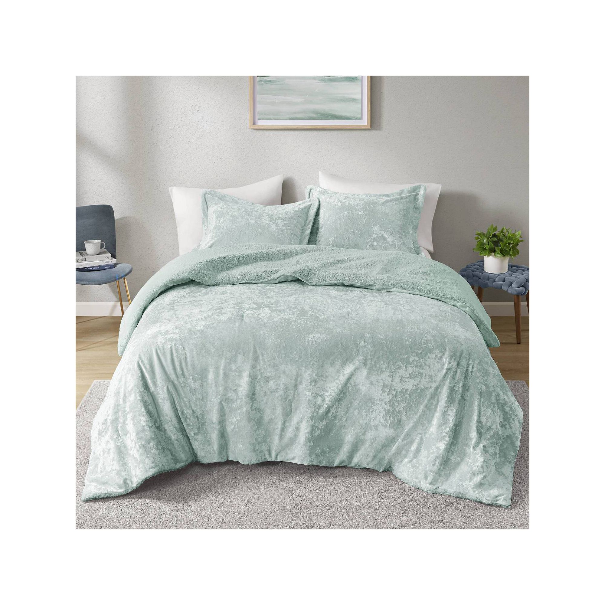 Intelligent Design Gemma Crushed Velvet Sherpa Reversible Comforter Set, Bl