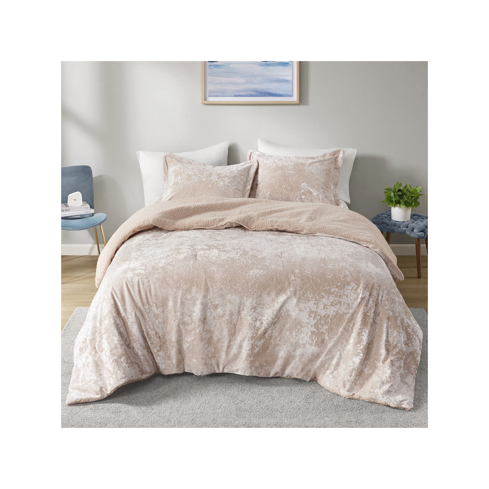 Intelligent Design Gemma Crushed Velvet Sherpa Reversible Comforter Set, Bl