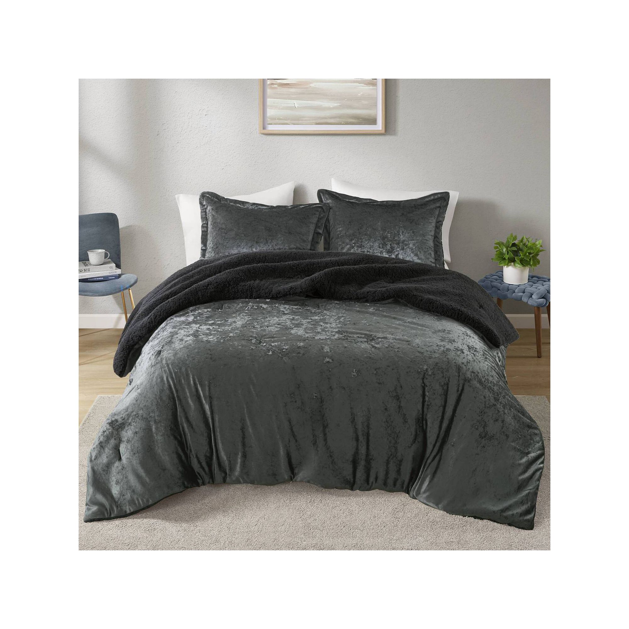 Intelligent Design Gemma Crushed Velvet Sherpa Reversible Comforter Set, Gr