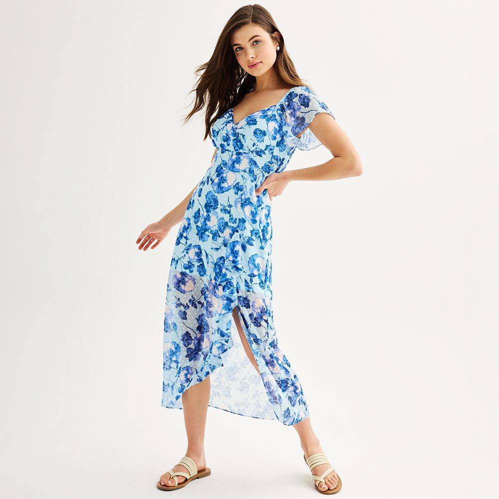 High-Low Plunge Flutter Sleeve Dress