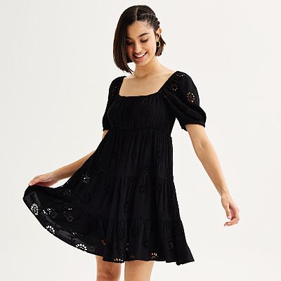 Juniors' Rewind Short Sleeve Tiered Eyelet Skater Dress