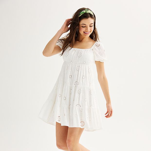 Juniors' Rewind Short Sleeve Tiered Eyelet Skater Dress