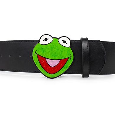 Disney The Muppets Belt, Kermit the Frog Glitter Enamel Cast Buckle Black, Vegan Leather Belt