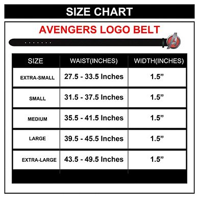 Marvel Comics Belt, Marvel Avengers Logo with Red Crystal Rhinestones, Black Vegan Leather Belt
