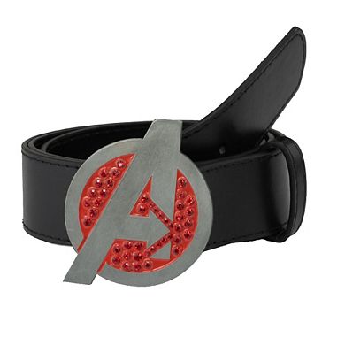 Marvel Comics Belt, Marvel Avengers Logo with Red Crystal Rhinestones, Black Vegan Leather Belt