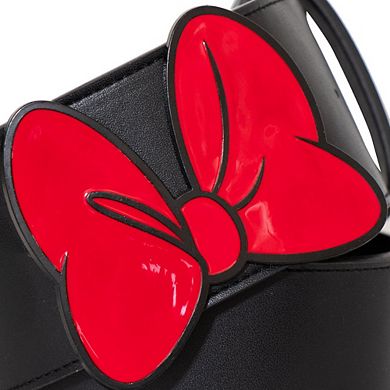 Disney Belt, Minnie Mouse Red Bow Buckle, Black Vegan Leather Belt