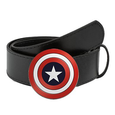 Marvel Comics Belt, Captain America Shield Enamel, Black Vegan Leather Belt