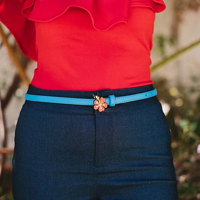 Disney Belt, Lilo and Stitch Hibiscus Flower, Blue Vegan Patent Leather Belt