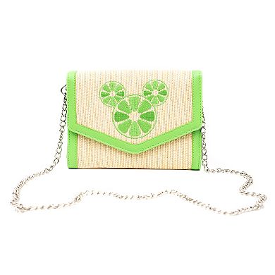Disney Bag, Horizontal Fold Over Cross Body, Mickey Mouse Embroidered Citrus Ears Lime Green, Raffia Straw
