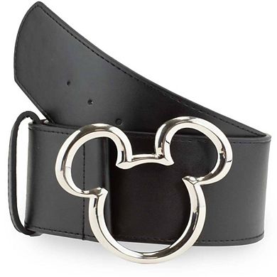 Disney Belt, Mickey Ears Silver Cast Buckle, Black Vegan Leather Belt