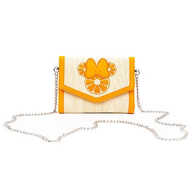 Disney Bag, Horizontal Fold Over Cross Body, Minnie Mouse Embroidered Citrus Ears with Bow Orange, Raffia Straw