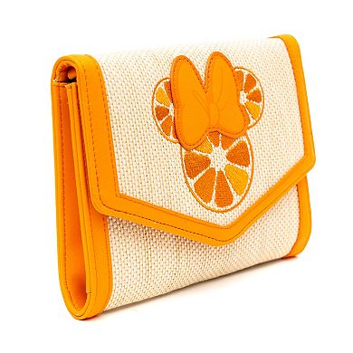Disney Bag, Horizontal Fold Over Cross Body, Minnie Mouse Embroidered Citrus Ears with Bow Orange, Raffia Straw