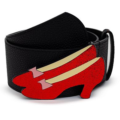 Movies Belt, The Wizard of Oz Dorothys Ruby Red Glitter Slippers Enamel Cast Buckle Black, Vegan Leather Belt