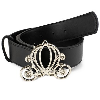 Disney Belt, Cinderella Carriage Silver Buckle, Black Vegan Leather Belt