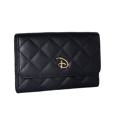 Disney Wallet, Foldover, Disney Signature D Logo Gold, Quilted Black Vegan Leather