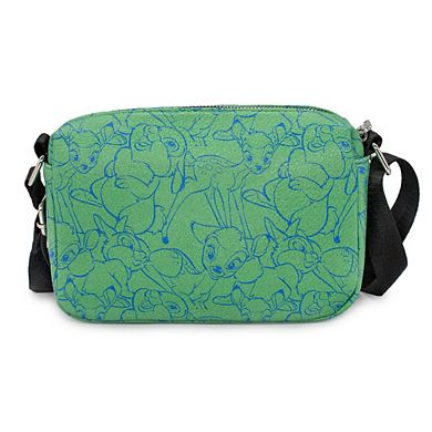 Disney Bag, Cross Body, Rectangle, Bambi and Thumper Outline Poses Stacked, Green Blue, Vegan Leather