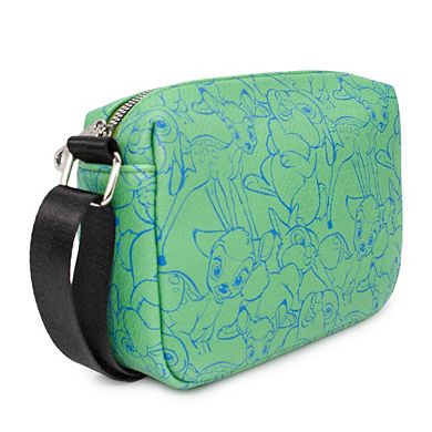 Disney Bag, Cross Body, Rectangle, Bambi and Thumper Outline Poses Stacked, Green Blue, Vegan Leather