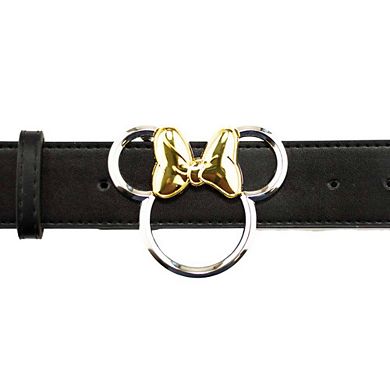 Disney Belt, Minnie Mouse Ears Outline Silver with Gold Bow, Black Vegan Leather Belt
