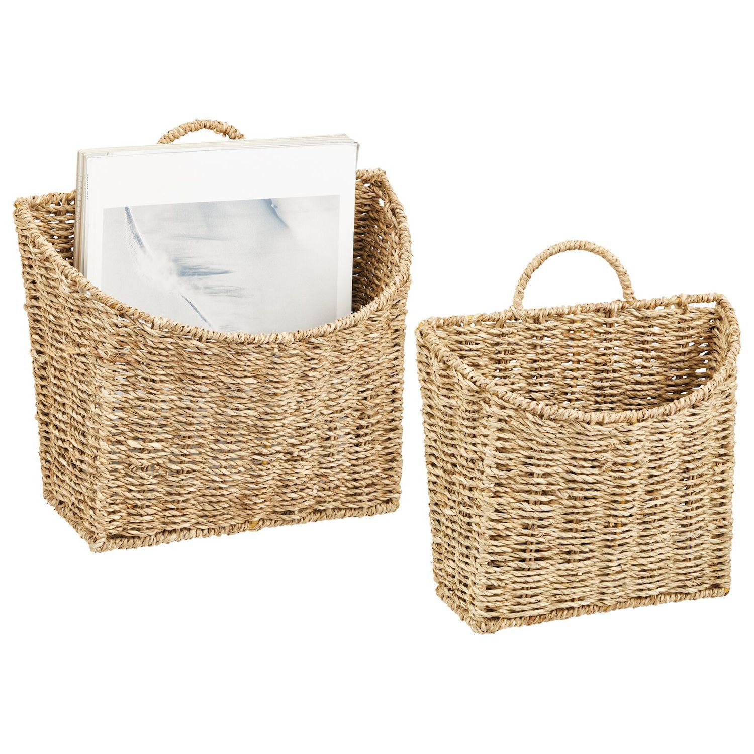 2 Pack Wall Mounted Hyacinth Storage Baskets with Hooks for Bathroom,  Laundry Room, Nursery (15 x 6 x 6 Inches)