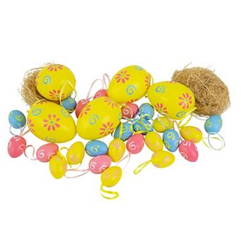 Set of 29 Blue and Yellow Painted Floral Spring Easter Egg Ornaments 3.25"