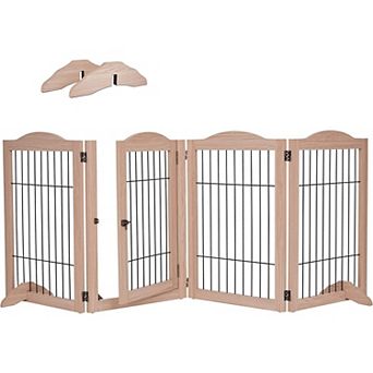 Freestanding Dog Gates, 4-Panels Gate For Dogs with Walkthrough Door - Walnut