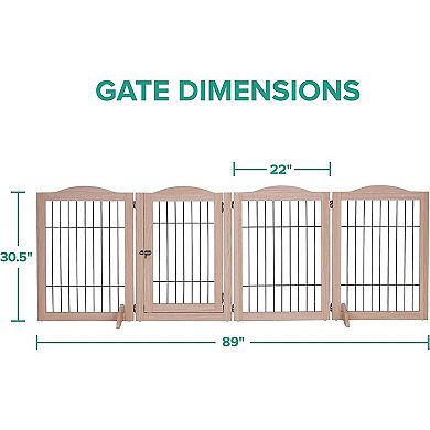 Freestanding Dog Gates, 4-Panels Gate For Dogs with Walkthrough Door - Walnut