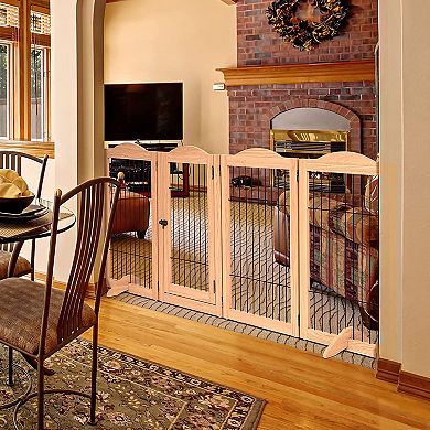 Freestanding Dog Gates, 4-Panels Gate For Dogs with Walkthrough Door - Walnut