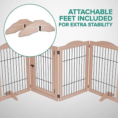 Freestanding Dog Gates, 4-Panels Gate For Dogs with Walkthrough Door - Walnut