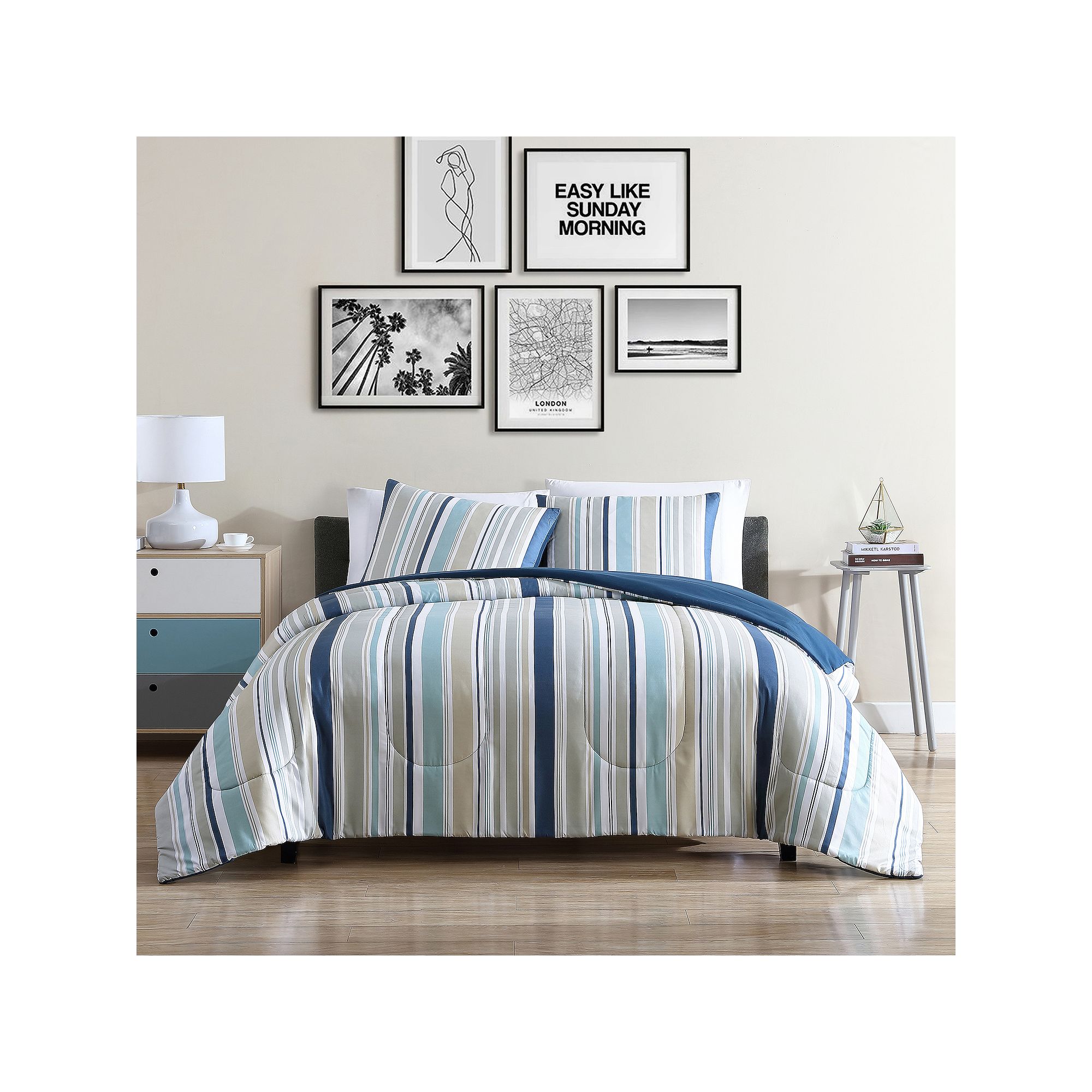 True Classics Microfiber Striped Reversible Comforter Set, Blue