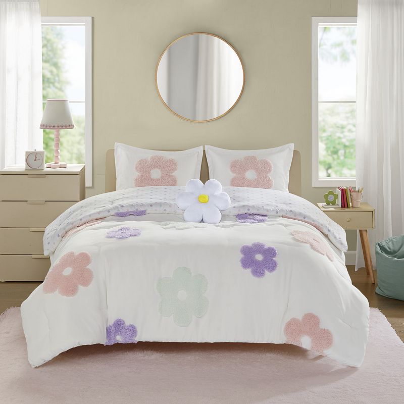 Full/Queen Elle Floral Reversible Tufted Chenille Kids' Comforter Set with Flower Throw Pillow White/Purple - Urban Habitat: Kids Bedding