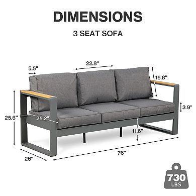 Aoodor Patio Furniture 3 Seater Aluminum Sofa Couch Deep Seat