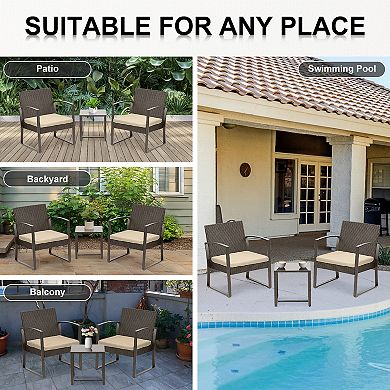 Aoodor 3 Pieces Patio Furniture Set Outdoor Rattan Wicker Chairs with Table Sofa Set with Cushion