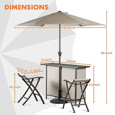 Aoodor Outdoor 5-Piece Bar Table Folding Chairs Set with 8' Adjustable Tilt Umbrella Base