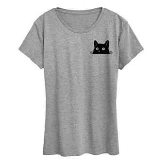 Women's Cat Peeking Left Chest Graphic Tee