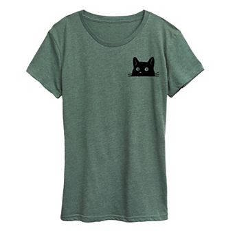 Women's Cat Peeking Left Chest Graphic Tee