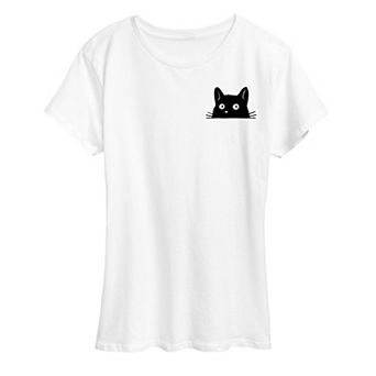 Women's Cat Peeking Left Chest Graphic Tee