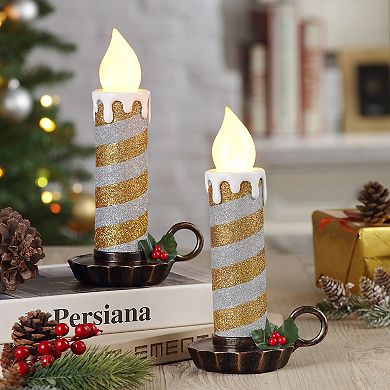 Mr Christmas Flickering LED Resin Glittery Striped Candles Set of 2